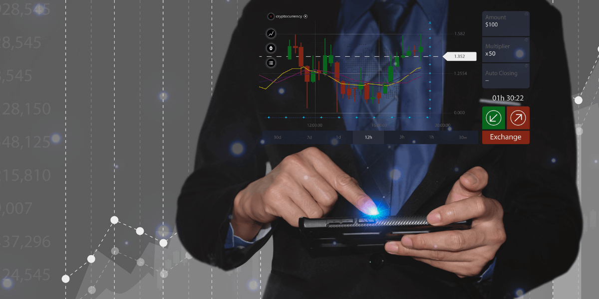 A man using advanced technology on his tablet to evaluate tokenized assets in modern investment strategies, with animated features on the screen.
