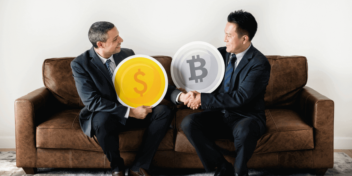 Two people having a discussion about cryptocurrency investment strategies and options.