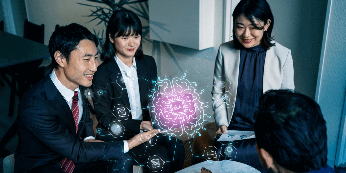 Financial advisor and client group meeting with AI symbol glowing in magical rays at the center